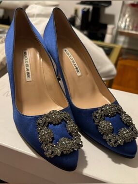 Manolo Blahnik Royal Blue Satin Crystal-Embellished Pumps